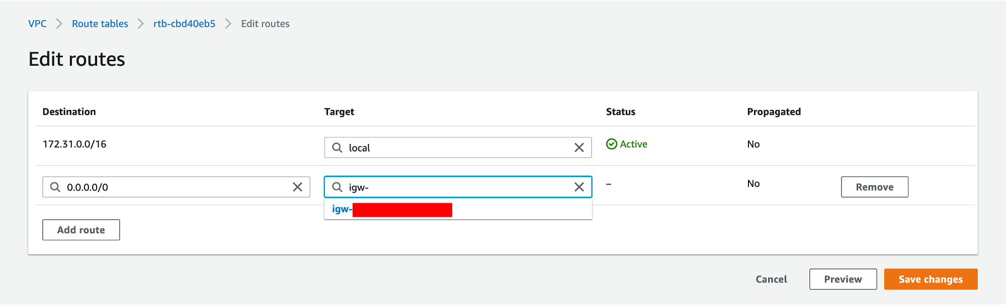 Edit routes window, showing default route added to the default VPC.