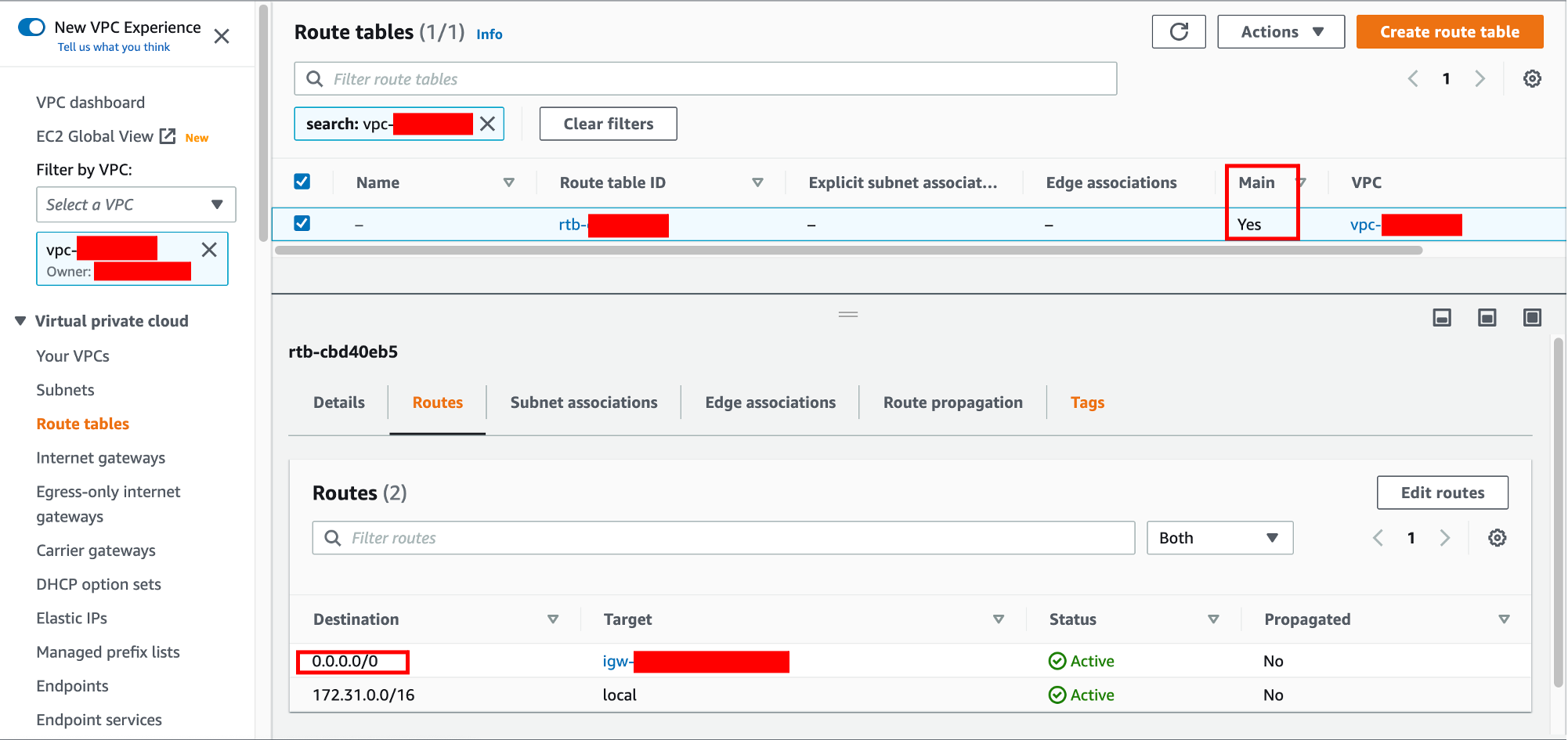 Route tables section in the console, showing value of Yes in the Main column.