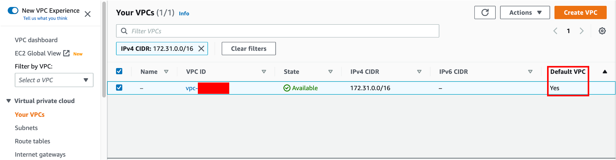 Your VPCs section in the console, with default VPC highlighted.