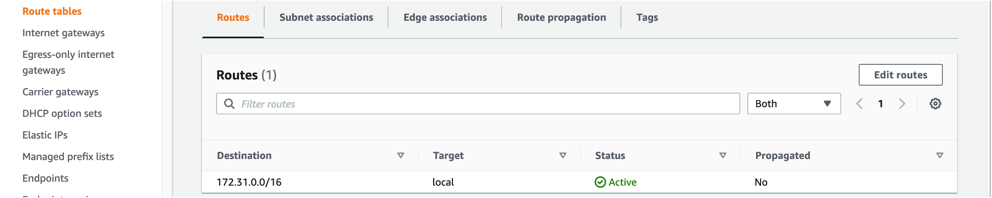 Routes tab in the console, showing Edit routes button.