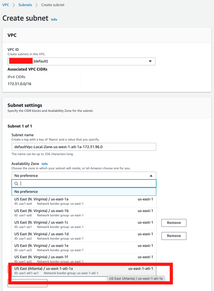 Create subnet window showing Availability Zone settings.