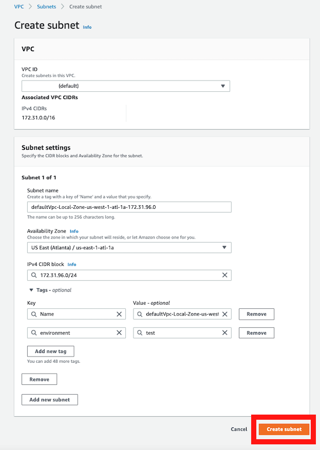 Create subnet window showing IPv4 CIDR block defined.