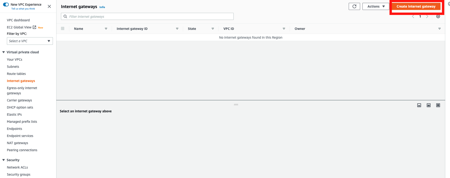 Internet gateways section, with Create internet gateway button highlighted.