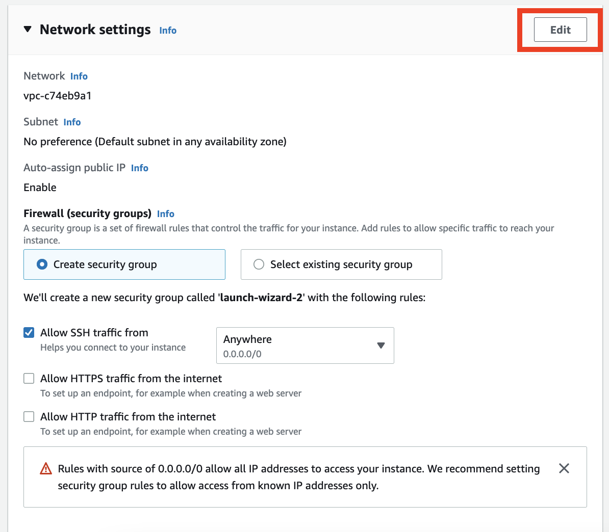 Network settings window with Edit button highlighted.