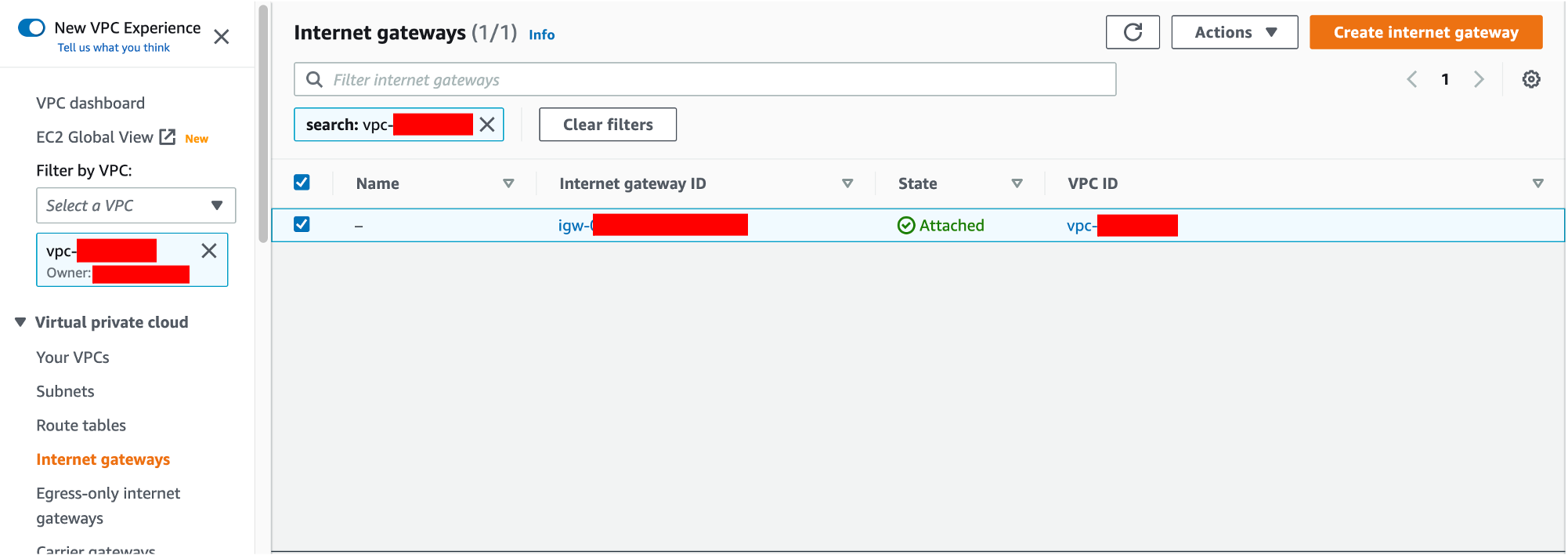 Internet gateways section in the console showing that the VPC has an internet gateway attached.