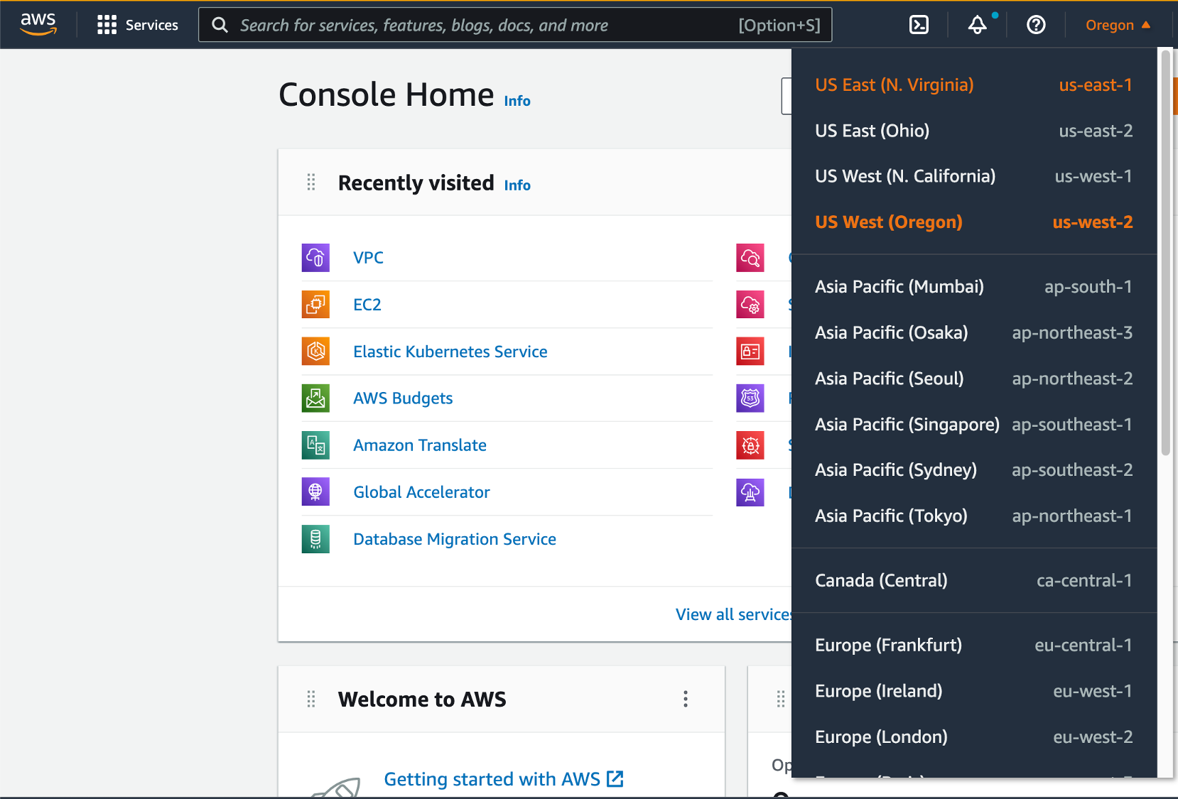 AWS Management Console, showing Region selection dropdown.