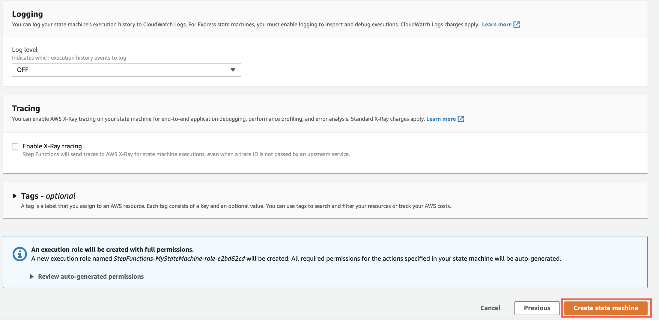 State machine details screen with Create state machine button selected