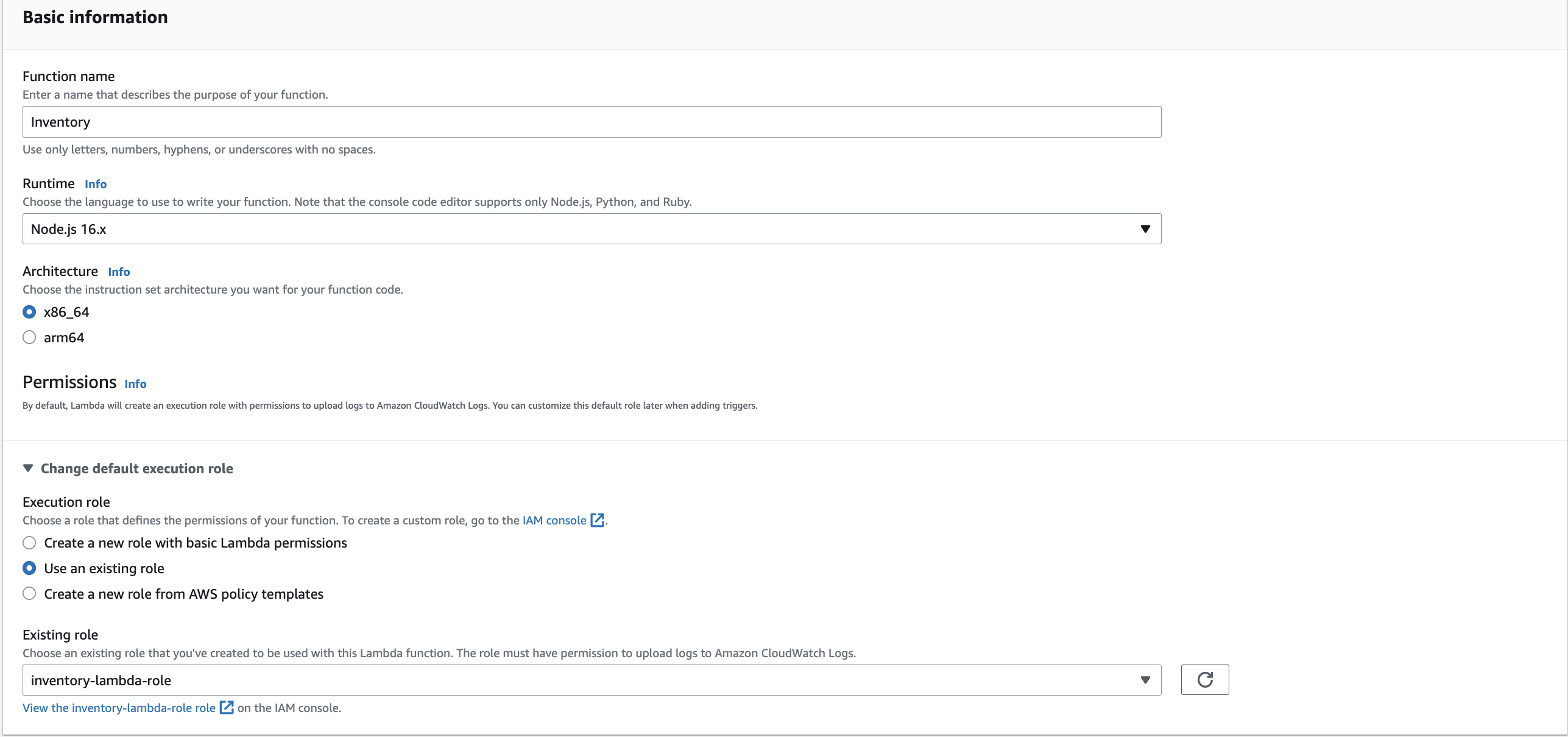 Basic information screen for Lambda function