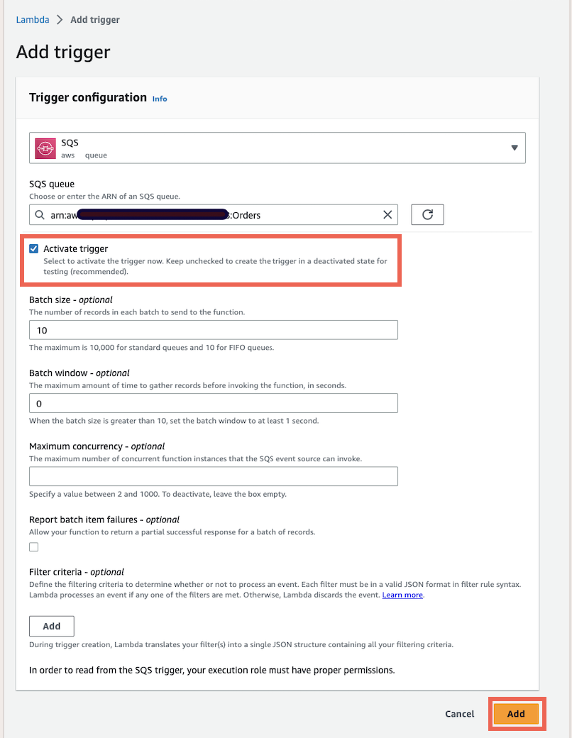  Select the SQS trigger. Set the toggle to Enable for your Orders queue