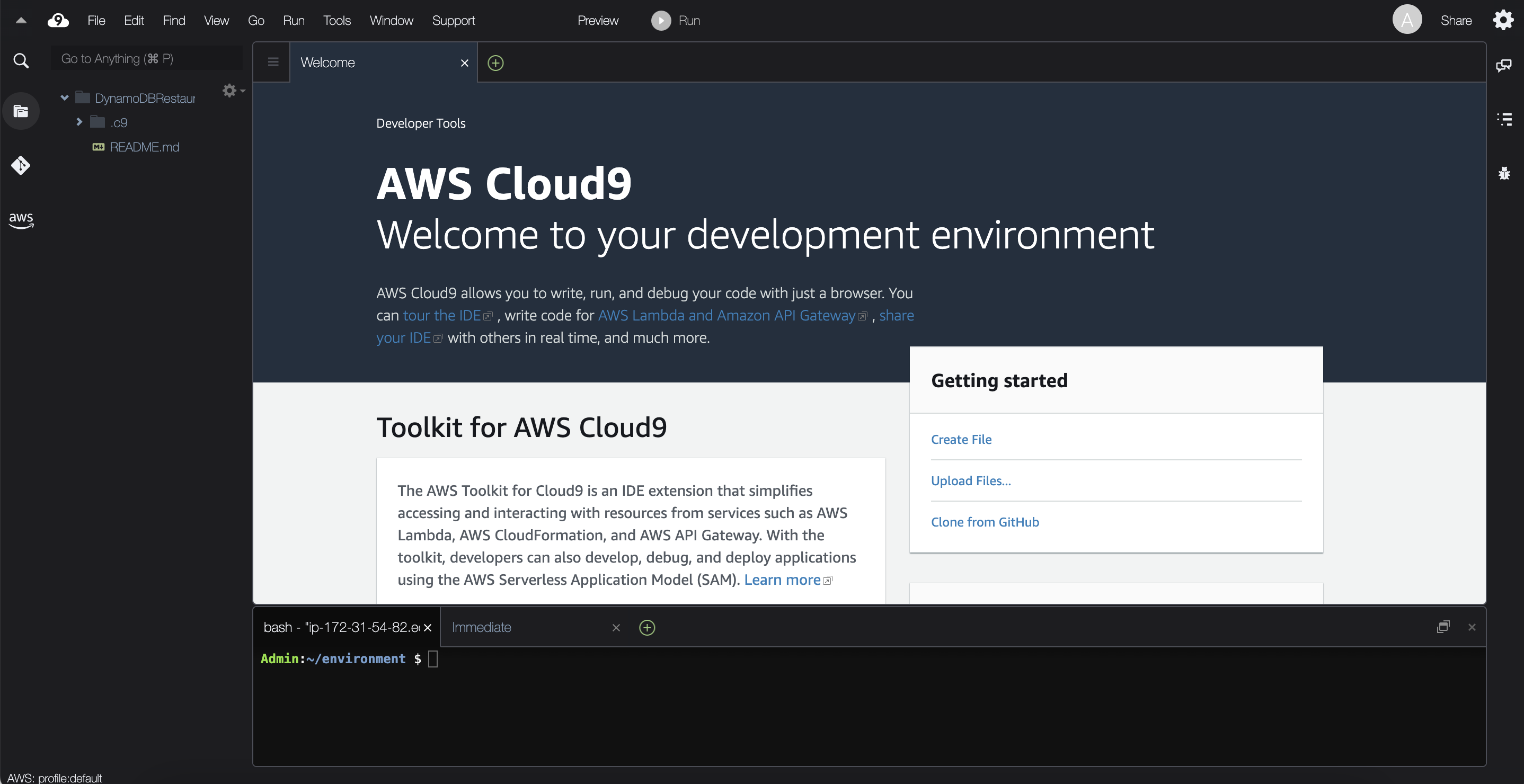 Image showing the three areas of the AWS Cloud9 console