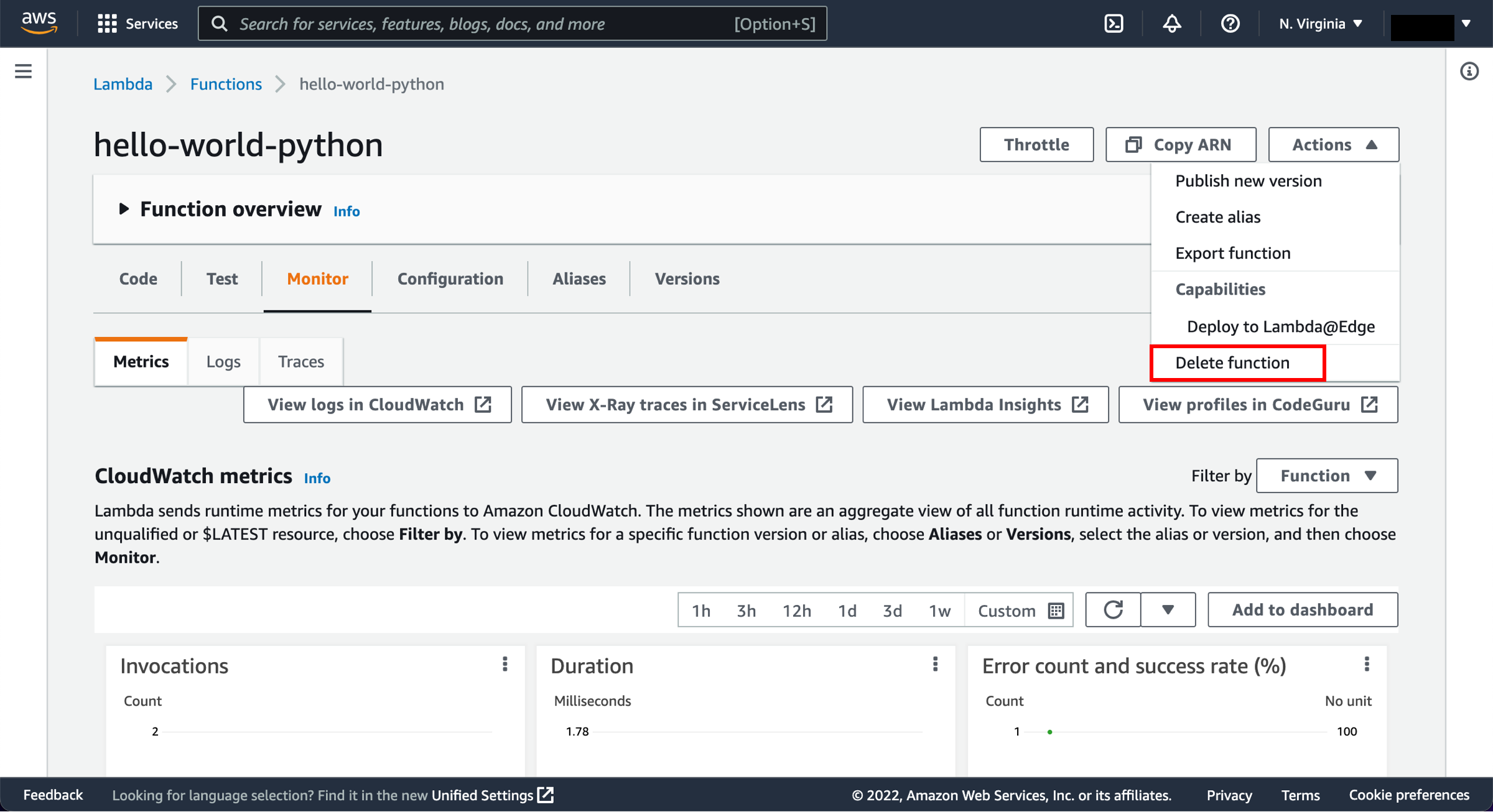 W&auml;hlen Sie die Schaltfl&auml;che &bdquo;Actions&ldquo; (Aktionen) und klicken Sie auf &bdquo;Delete Function&ldquo; (Funktion l&ouml;schen).