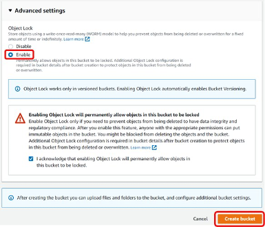 Advanced settings (進階設定) 區段，已啟用 Object Lock (物件鎖定) 並醒目提示 Create bucket (建立儲存貯體) 按鈕。