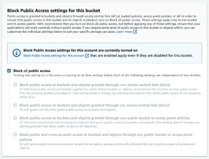 Block Public Access section, with default settings shown.