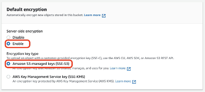 預設加密區段，選取了 Server-side encryption (伺服器端加密) 和 Amazon-S3-managed keys (SSE-S3) (Amazon-S3 受管金鑰 (SSE-S3))。