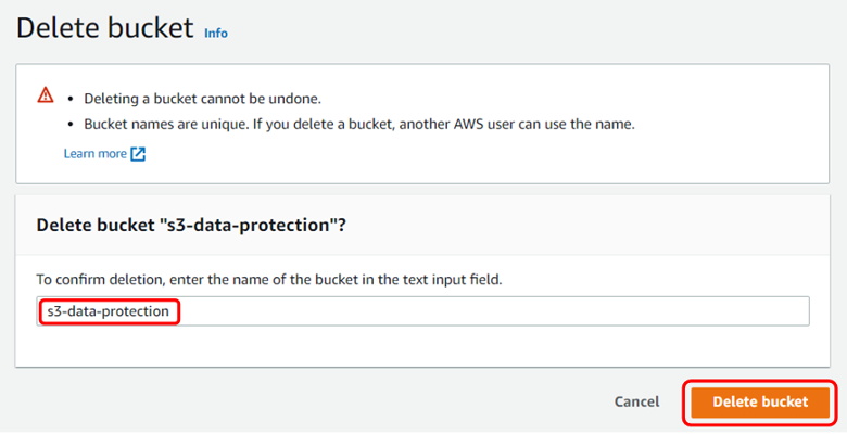 Confirmation screen for deleting the bucket, with Delete bucket button highlighted.