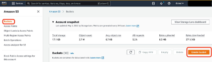 Console S3, con Bucket evidenziato nel pannello di navigazione sulla sinistra e pulsante Crea bucket evidenziato.