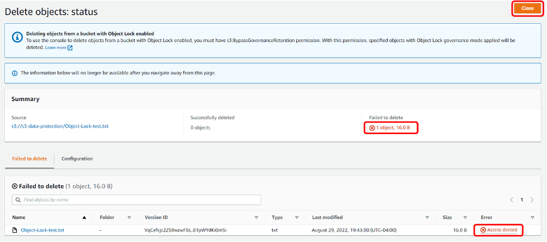 Delete objects status window showing that deletion of the object failed due to Object lock being enabled.