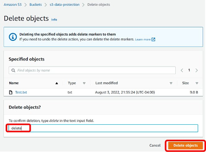 Ventana Eliminar objetos, con la opci&oacute;n Eliminar ingresada en el cuadro de texto para confirmar la eliminaci&oacute;n y el bot&oacute;n Eliminar objetos resaltado.