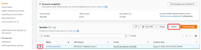 Buckets section, with bucket selected, and Delete button highlighted.