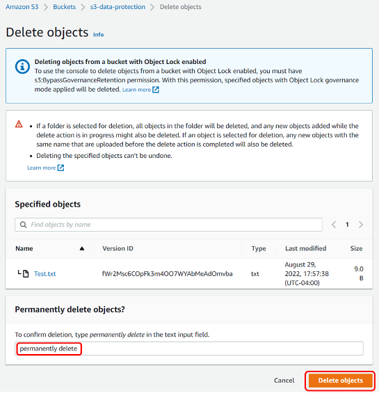 객체 잠금 사용이 설정되었다는 경고가 표시된 삭제 창 삭제 확인 텍스트 필드에 permanently delete라고 입력되어 있고 객체 삭제 버튼이 강조 표시됨
