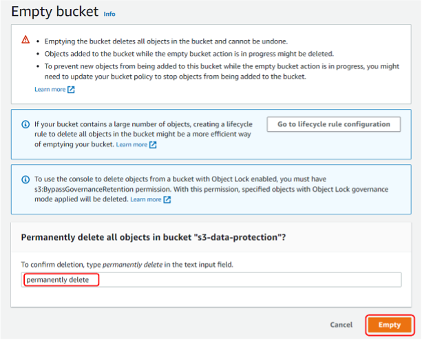 Empty bucket dialog box, with permanently delete entered in confirmation box and the Empty button highlighted.