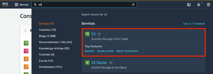  AWS Management Console, with S3 shown in search results.