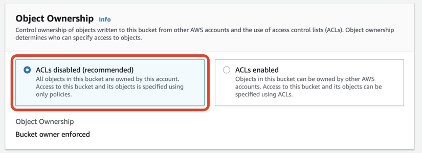 Object Ownership window with ACLs disabled selected.