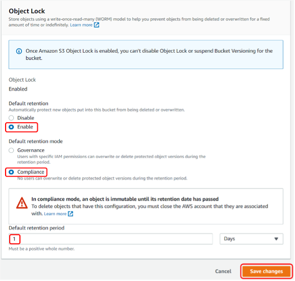 Object lock (物件鎖定) 設定，已啟用 Default rentention (預設保留)，Compliance (合規) 已選取為 Default rentention mode (預設保留模式)，Default retention period (預設保留期) 為 1 天。