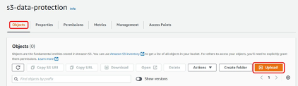 Objects tab with Upload button highlighted.