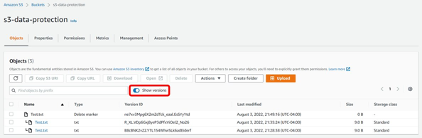 Con l'opzione Mostra versioni attivata, la console S3 mostra un contrassegno di eliminazione per l'oggetto di primo livello.