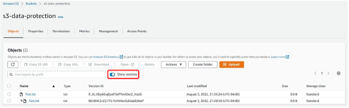 Objects tab in Buckets section, with Show versions enabled, and two files displayed as Version 1 and Version 2.