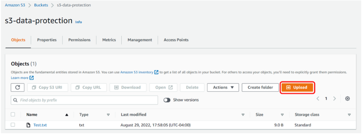 S3 console bucket view, with Upload button highlighted.
