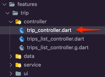 The trip_controller.dart file inside the controller folder