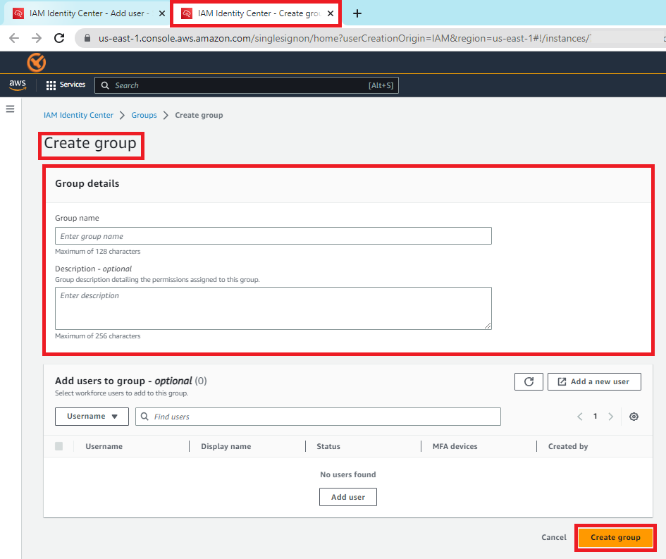 Crie uma p&aacute;gina de grupo de usu&aacute;rios no console do IAM.