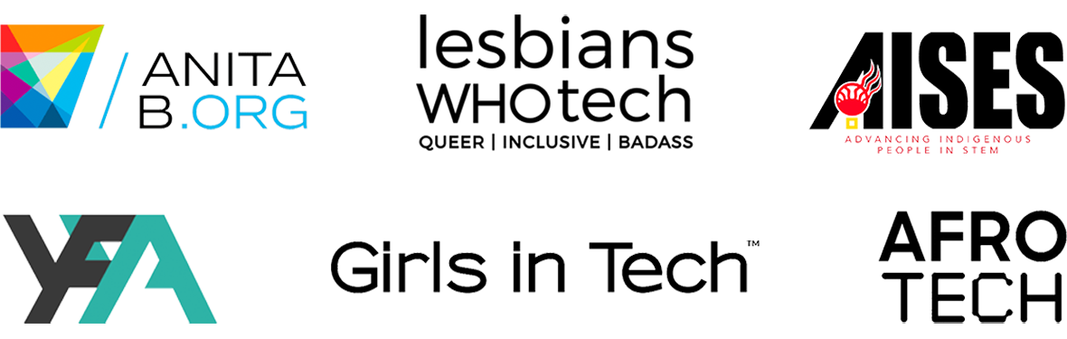 Afro Tech のロゴ、YFYA のロゴ、Lesbians Who Tech のロゴ、Girls in Tech のロゴ、AnitaB.org のロゴ、American Indian Science and Engineering Society のロゴ