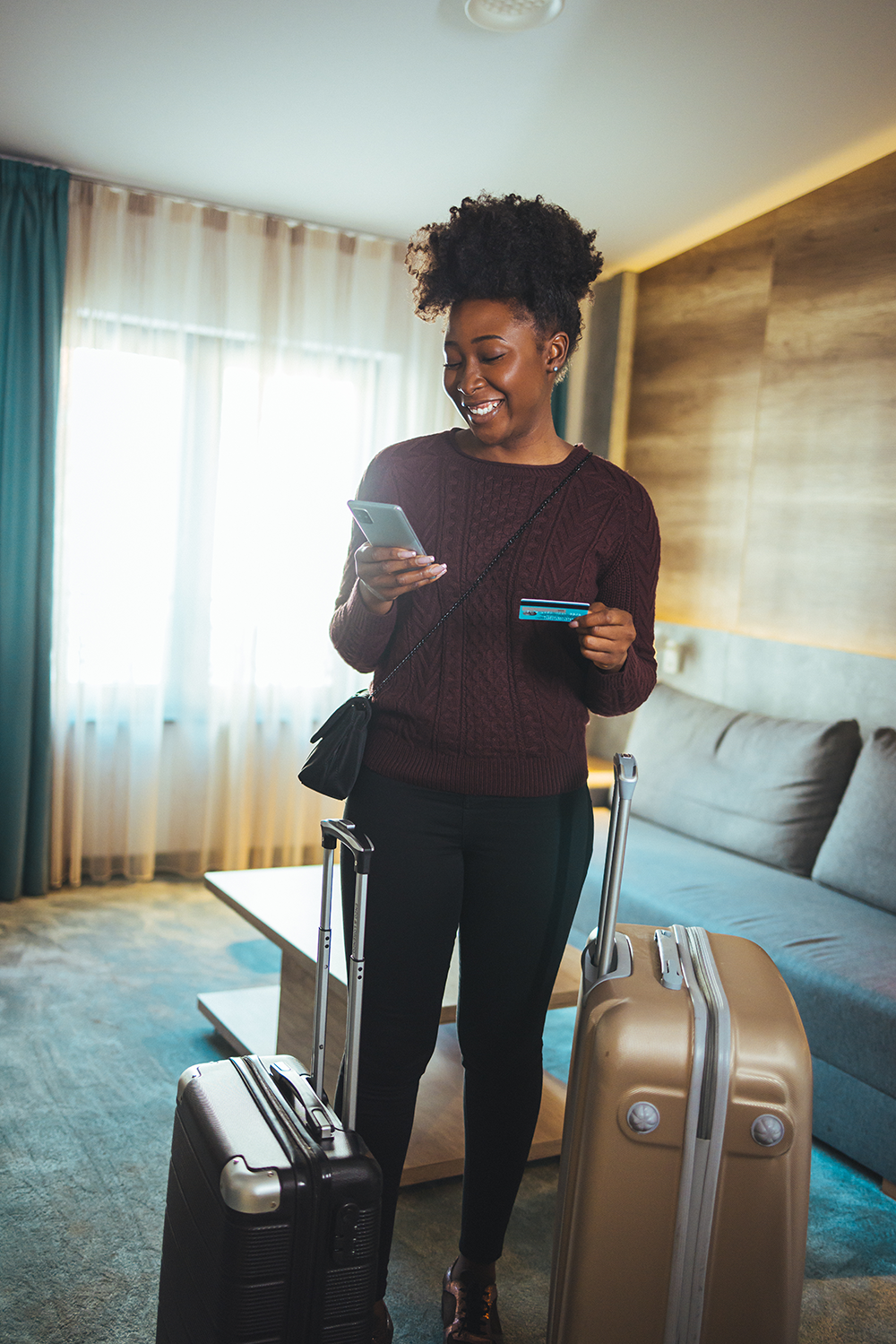 traveler in hotel room stock image