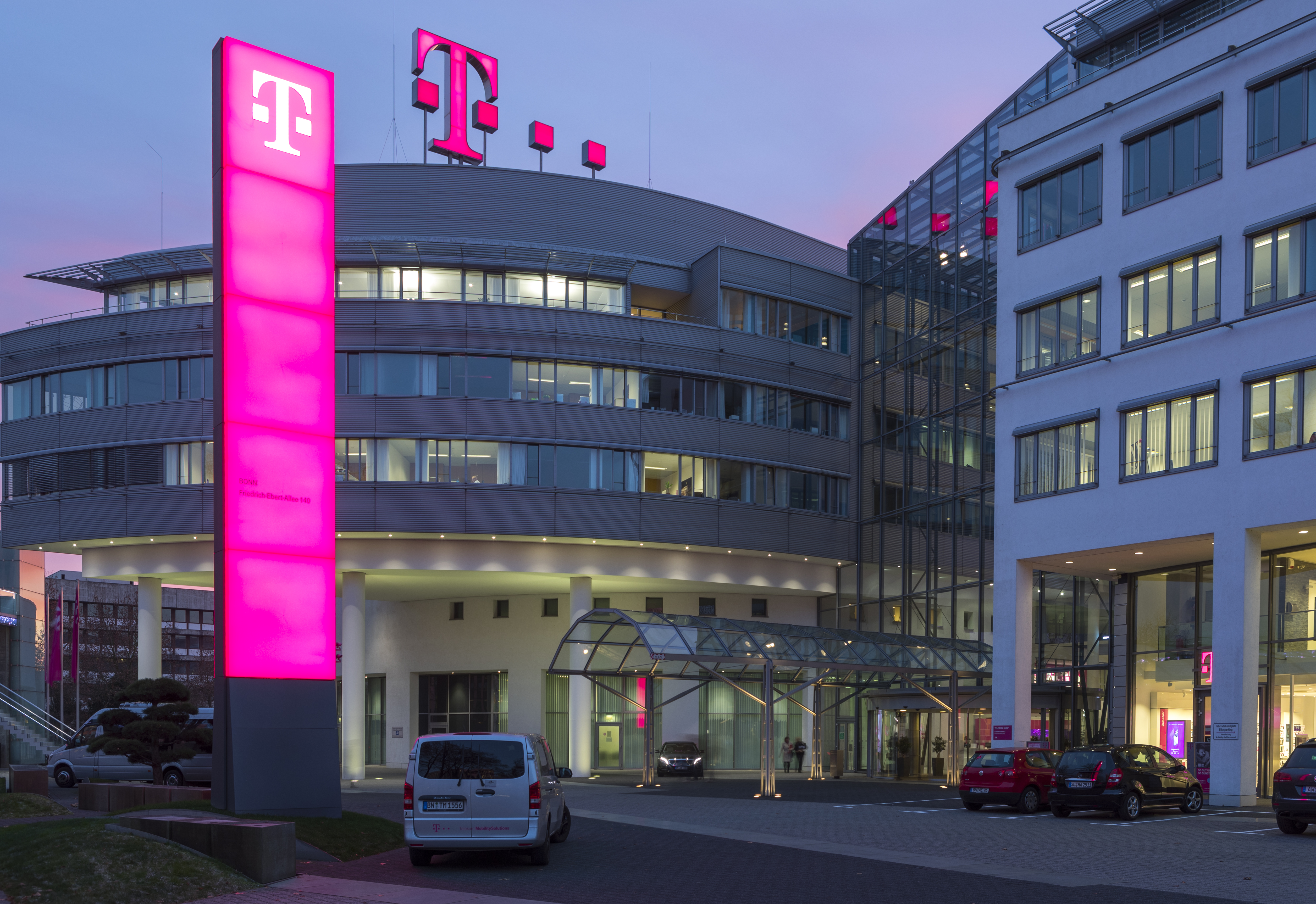 Deutsche Telekom Headquarters at night in Bonn, Germany. 