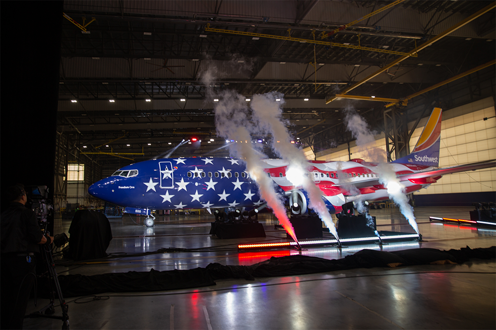 Southwest Airlines plane in hangar