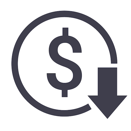 Cost reduction icon price lower arrow. Vector low cost money crisis line icon