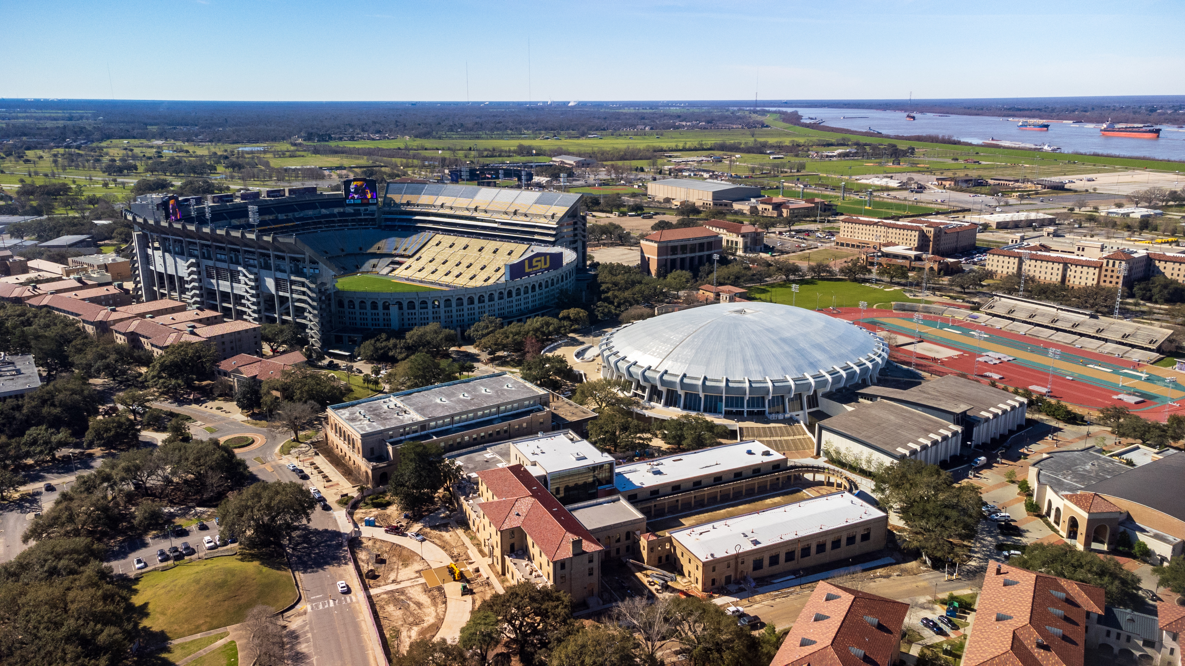 The Pete Maravich Assembly Center and Tiger Stadium on LSU campus in Baton Rouge, LA