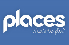 White text on a blue background reading "places" in bold font and "What's the plan?" in cursive below.