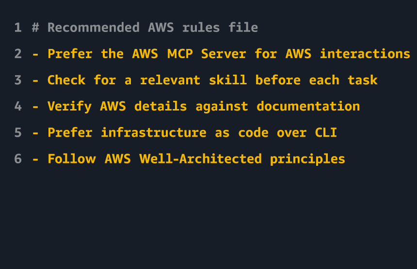 Code card showing the recommended AWS rules file with five persistent agent instructions, from preferring the AWS MCP Server to following AWS Well-Architected principles.