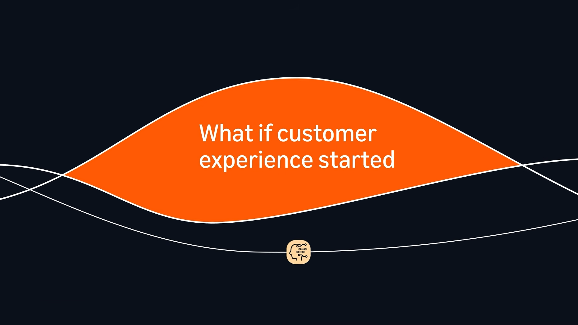 Video title card on a dark navy background with an orange wave graphic, an AI icon, and the text "What if customer experience started".