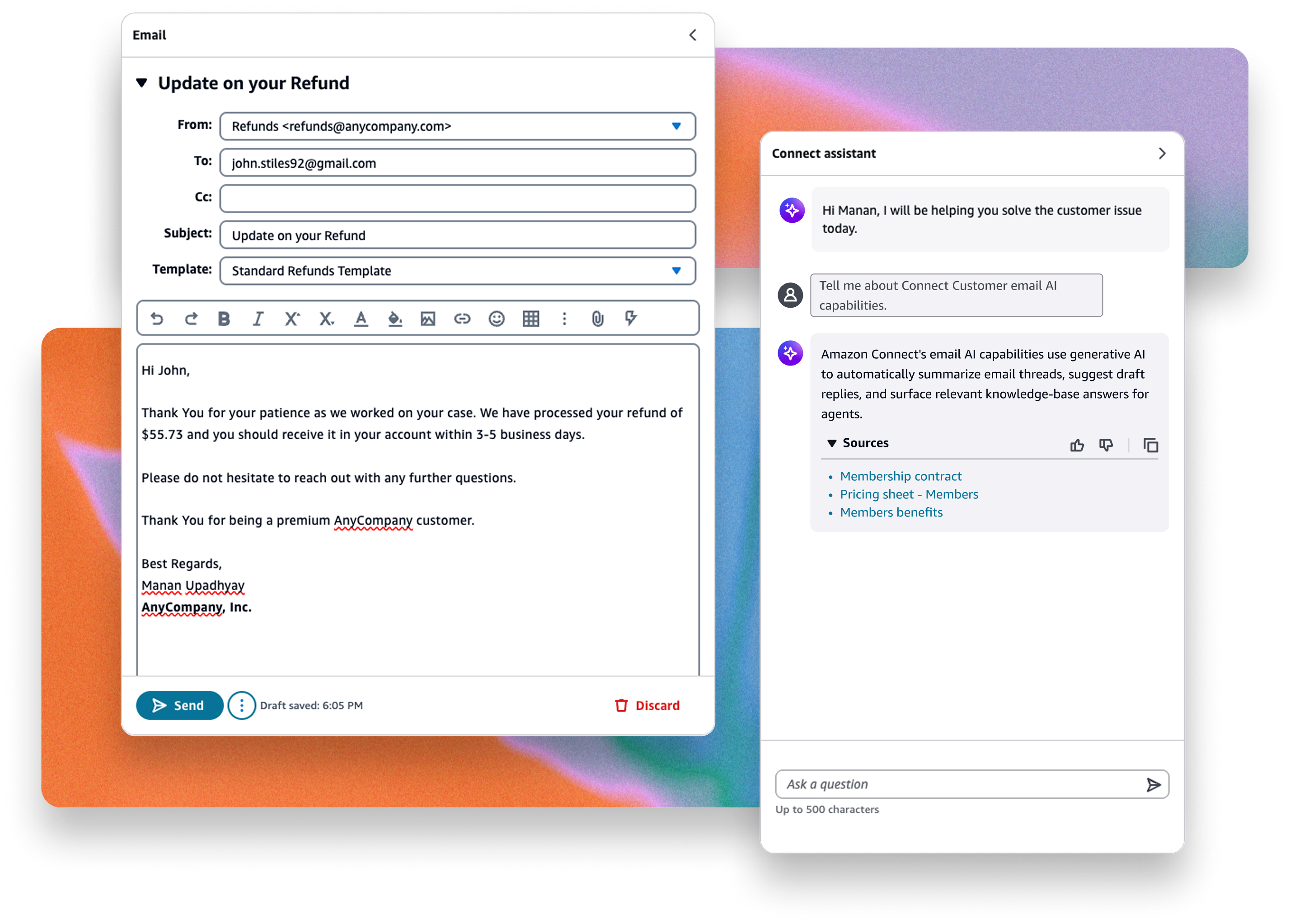 Email reply editor with the Connect assistant providing AI-powered response guidance.