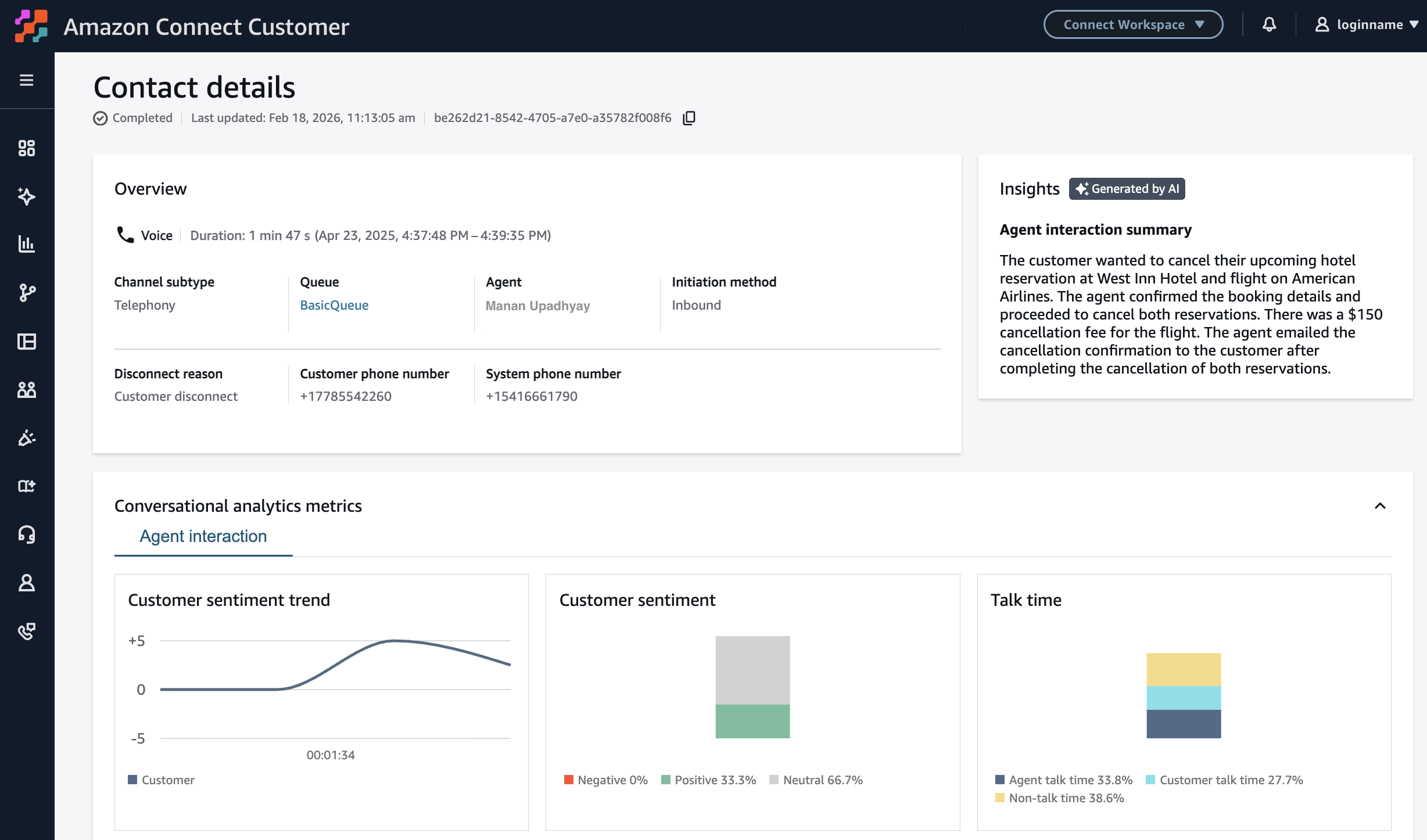 Connect Customer contact details dashboard showing customer sentiment and conversation analytics.