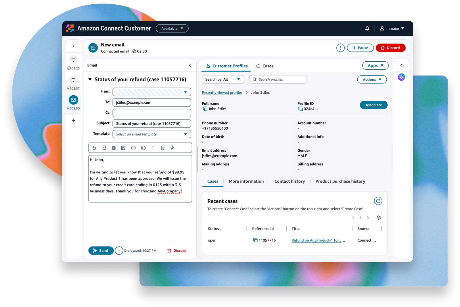 Connect Customer agent workspace showing an email thread, customer profile, and recent cases.