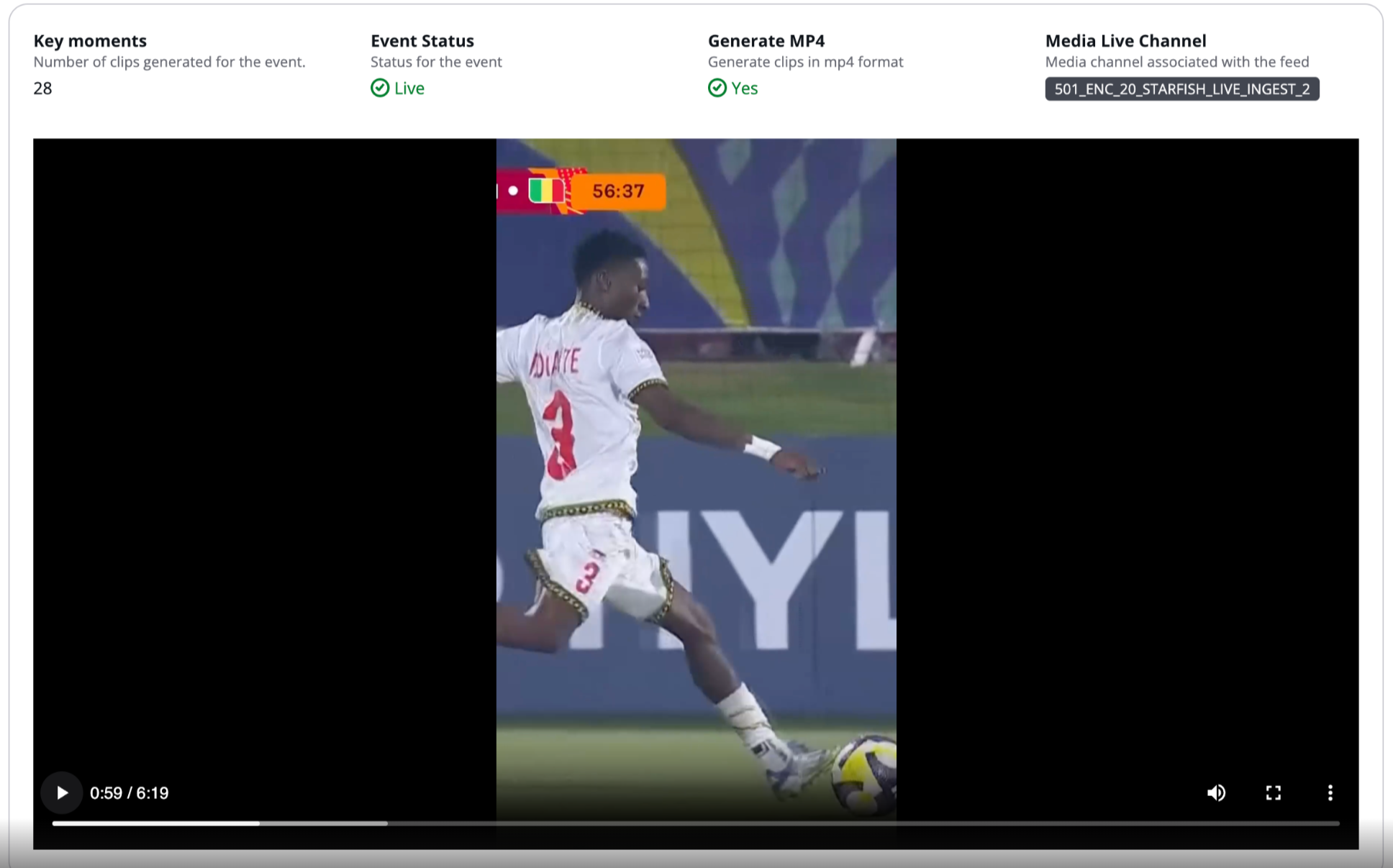 FOX Sports live event dashboard showing key moments, event status, and MP4 clip generation, alongside a vertical 9:16 video clip of a football player striking the ball.