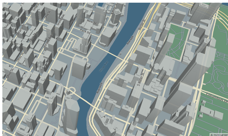 3D map view of downtown Chicago along the Chicago River showing buildings and streets