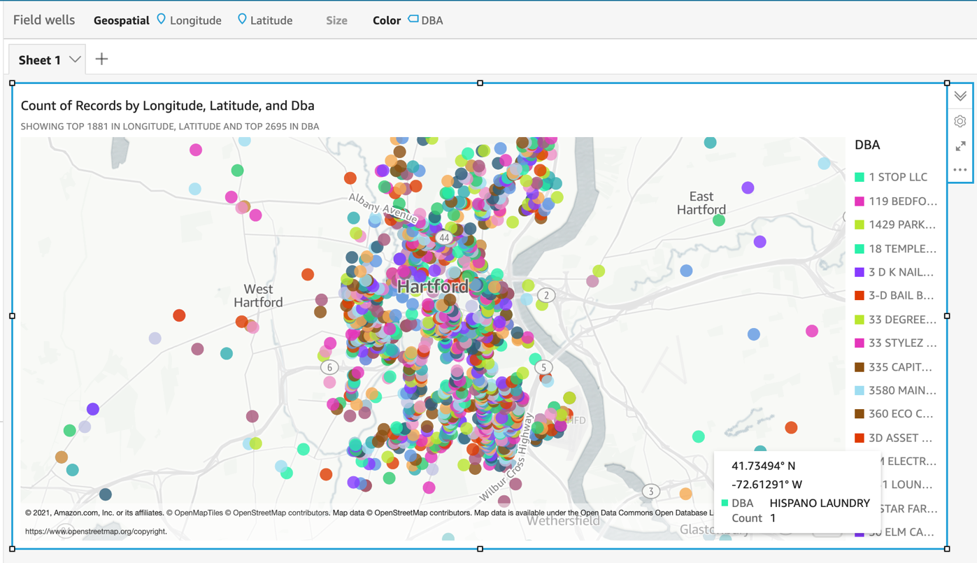 Location intelligence map of Hartford, Connecticut plotting business locations by category