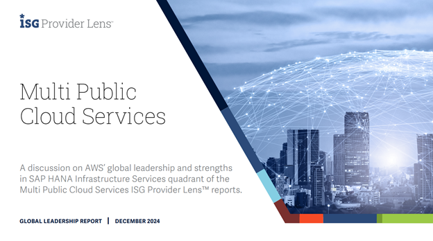 Alt-text: "ISG Provider Lens report cover featuring a city skyline with digital network connections overlay, titled 'Multi Public Cloud Services' with a focus on AWS global leadership in SAP HANA Infrastructure Services."